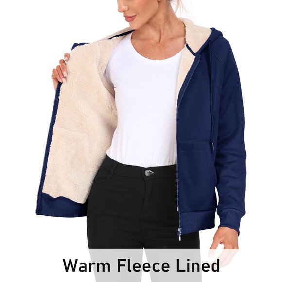 Women's Fleece Zip Up Hoodie Sherpa Lined Winter Jacket with Pockets Large - Picture 3 of 9